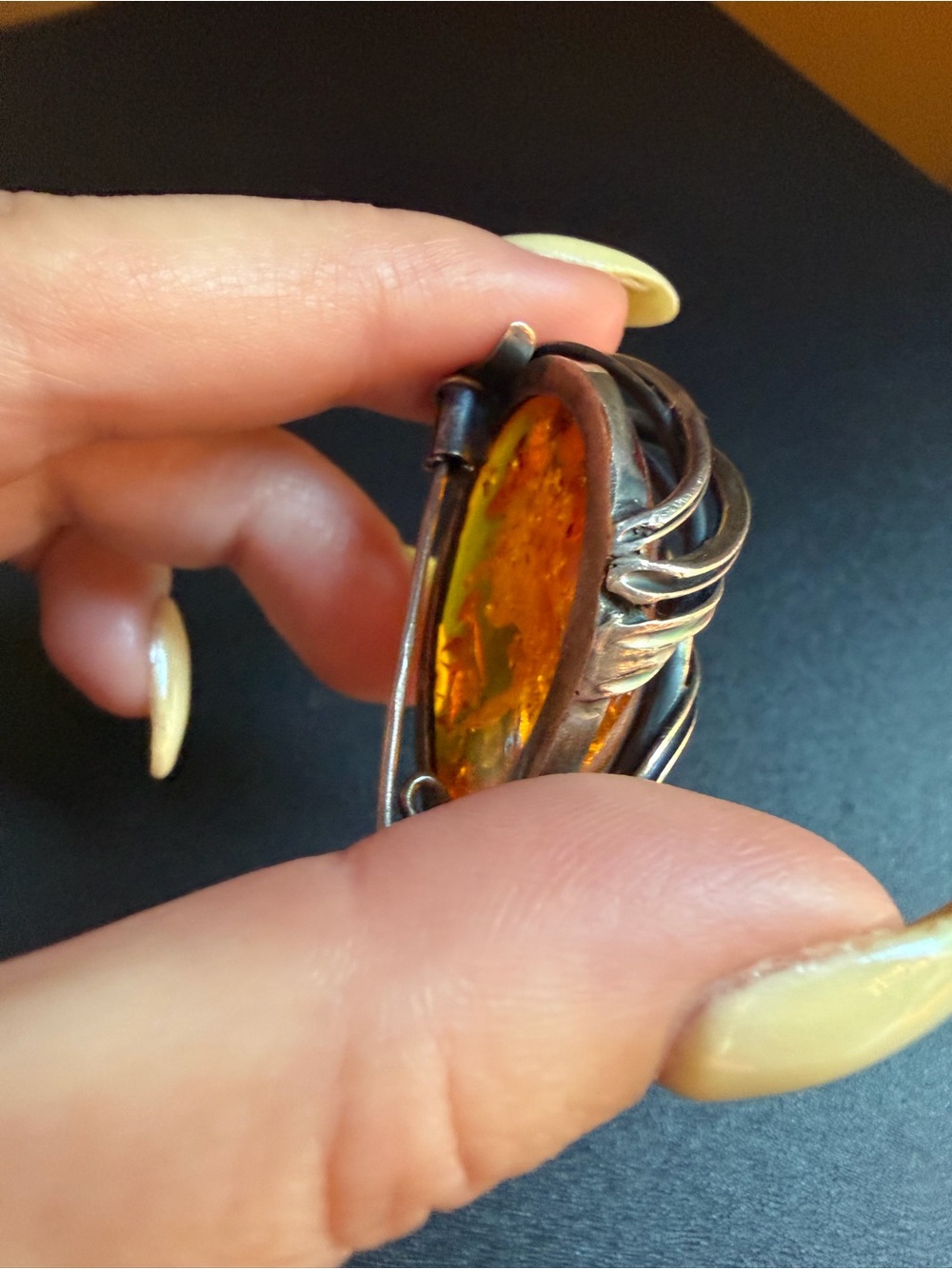 Artisan Vintage Amber Brooch with 925 Silver Wire Wrap - Picture 3 of 5